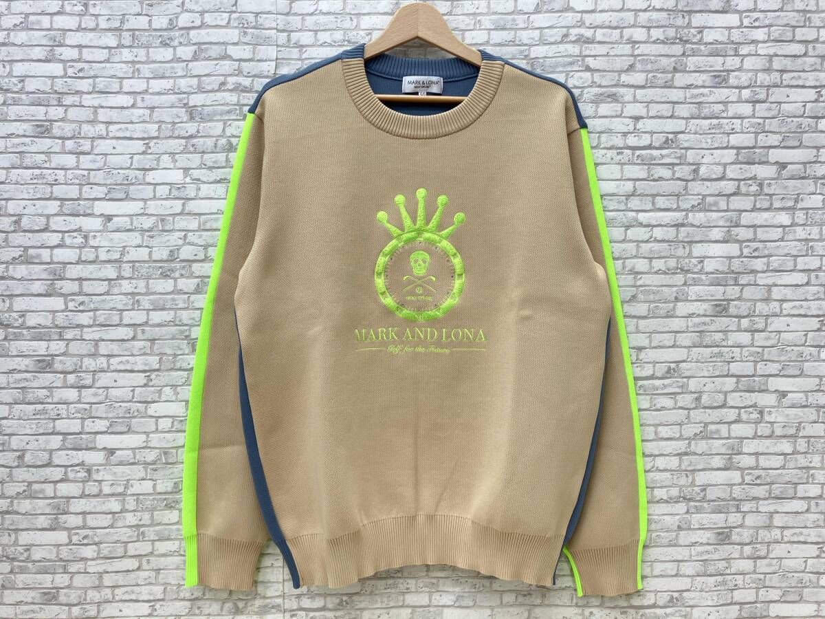 MARK＆LONA マークアンドロナ T.T.G. I Crew Sweater MLM-2A-AB01 GOLF OR DIE ブロックセーター 50 ベージュ イエロー ブルーグレー