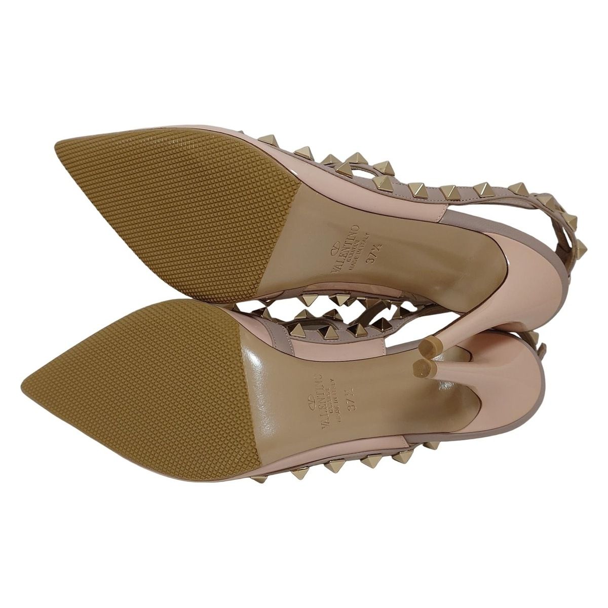  バレンチノガラバーニ サンダル 37 1 2 レディース - ピンクベージュ×グレーベージュ スタッズ アウトソール張替済 レザー サンダル サンダル ミュール