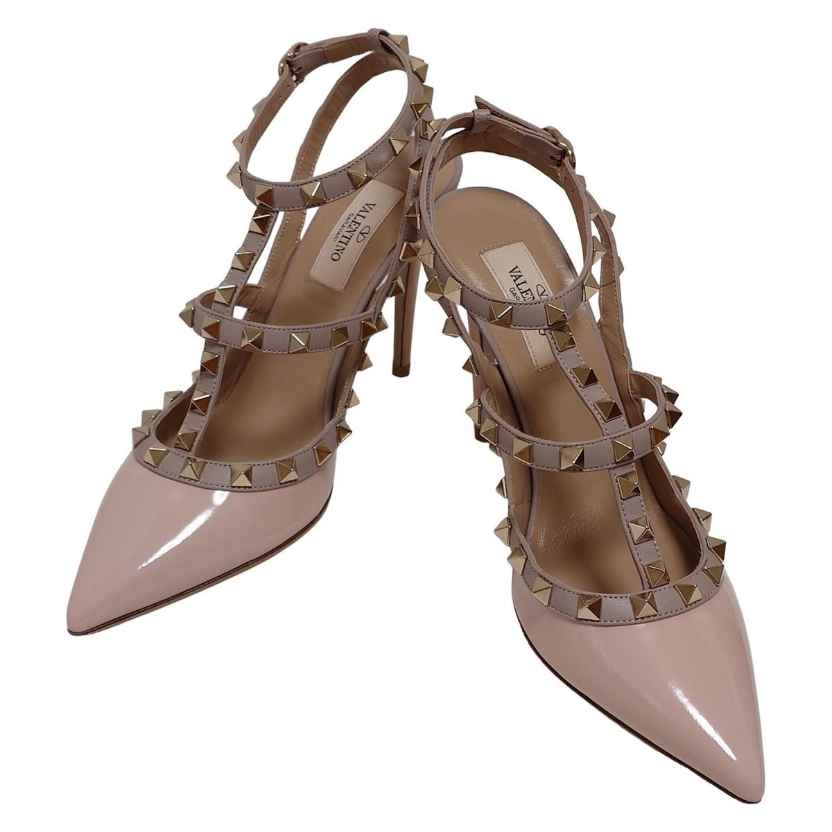 バレンチノガラバーニ サンダル 37 1 2 レディース - ピンクベージュ×グレーベージュ スタッズ アウトソール張替済 レザー