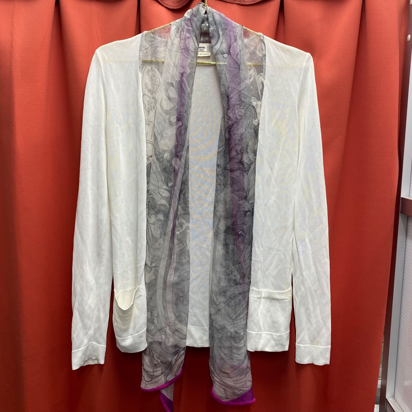 HERMES エルメス セーター ニット カーディガン シルク ストーン ドッキング 長袖 ホワイト