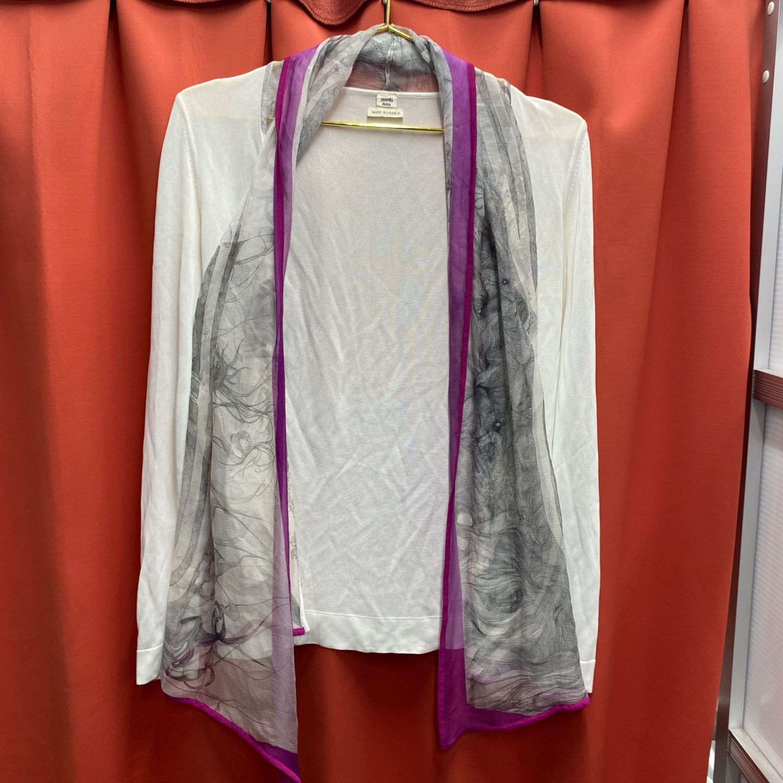 HERMES エルメス セーター ニット カーディガン シルク ストーン ドッキング 長袖 ホワイト 34サイズ