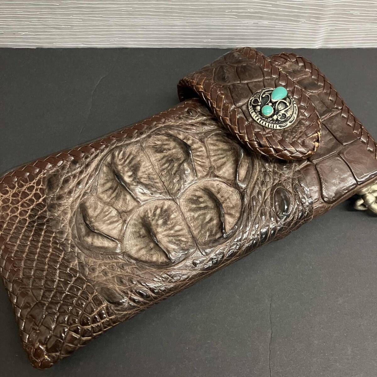 クロコダイルクラウン 本ワニ革 ブラウン 長財布 チェーン付き