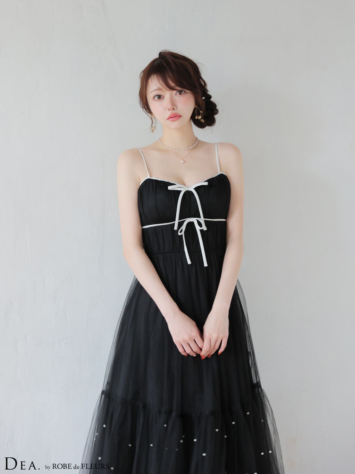 ブラック fm3445 FM4335-IV-2511 ROBE de FLEURS ローブドフルール ドットパールリボン チュールフ ロング ドレス キャバドレス