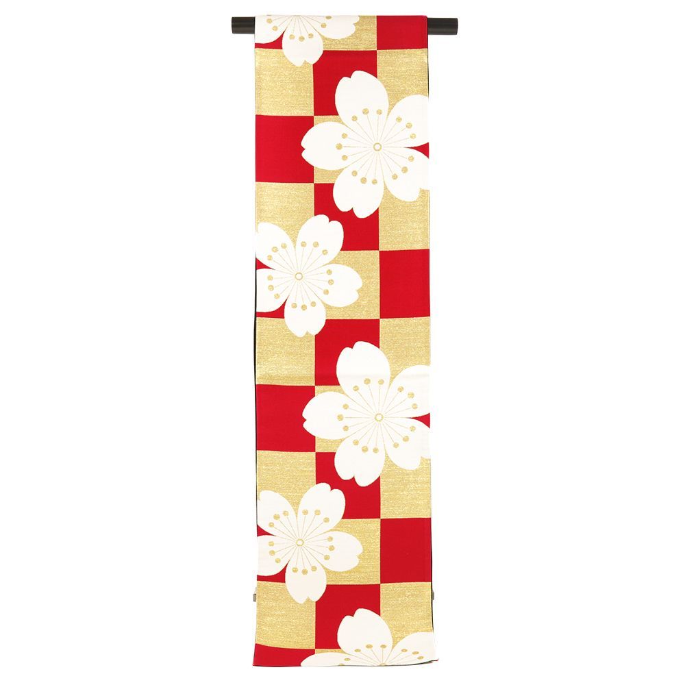 袋帯 振袖用 金 赤 桜 市松 正絹 帯 芯なし リサイクル 唐織 着物 仕立て上がり 礼装用 フォーマル 成人式 西陣織 六通 No i 6 2360