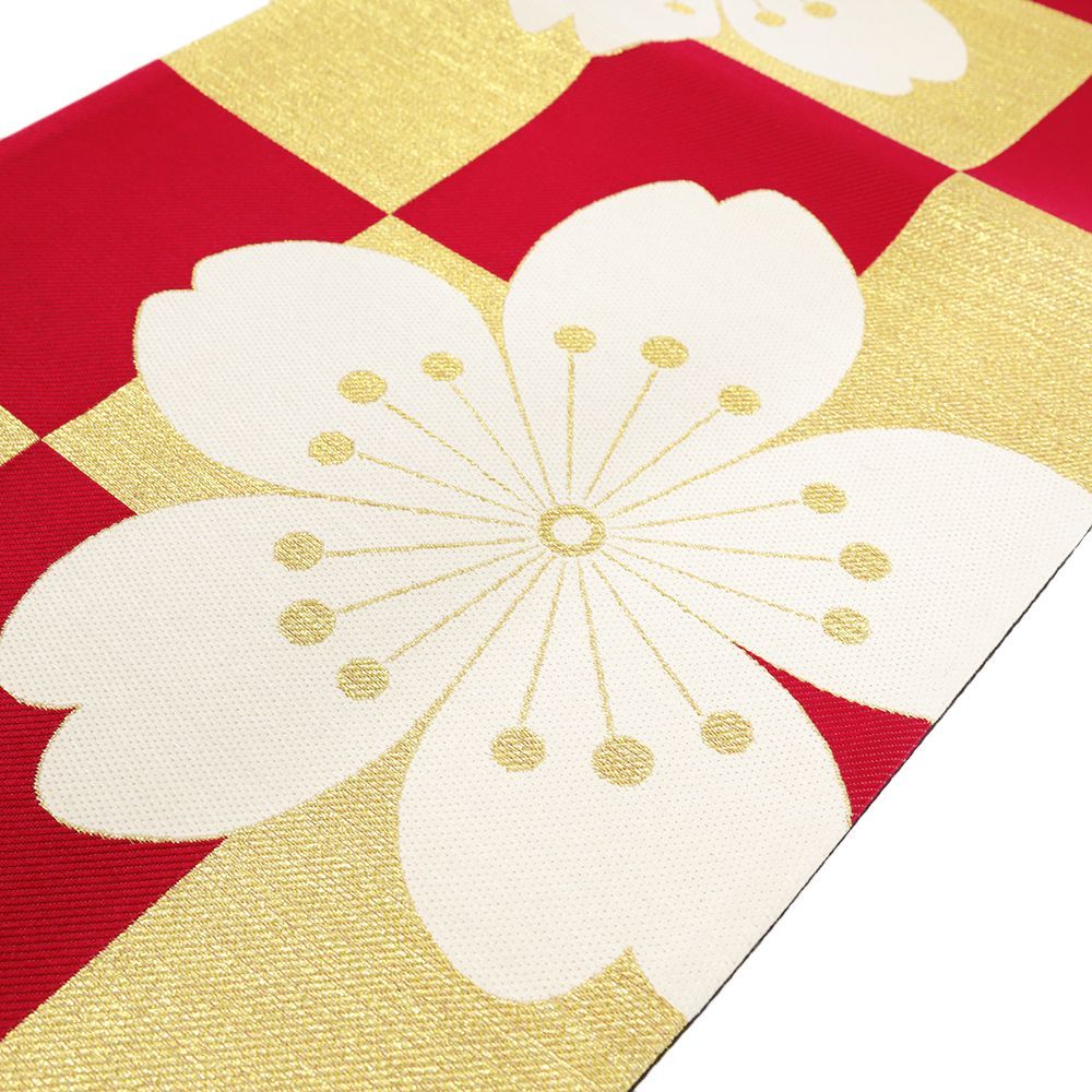  袋帯 振袖用 金 赤 桜 市松 正絹 帯 芯なし リサイクル 唐織 着物 仕立て上がり 礼装用 フォーマル 成人式 西陣織 六通 No.i 6-2360 袋帯 帯