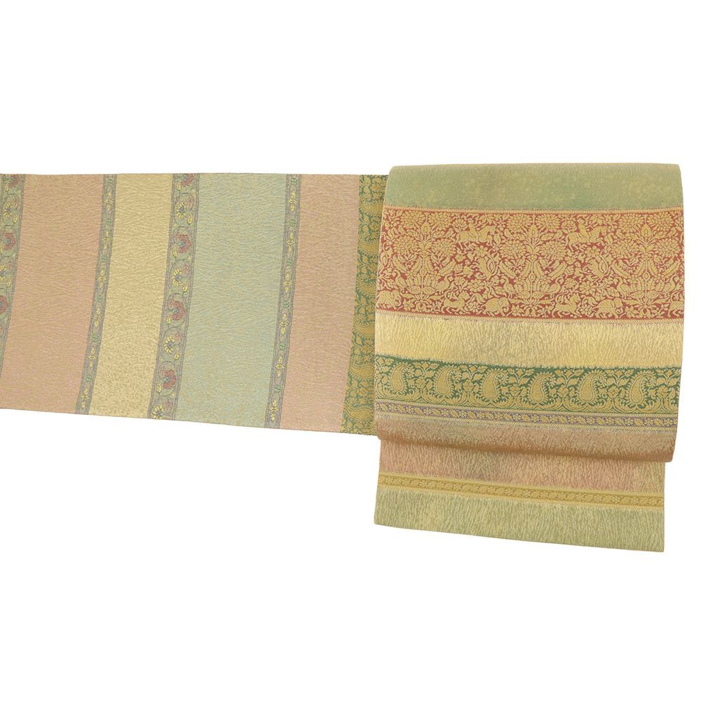 袋帯 全通 渡文 用美錦 正絹 黄 朱 緑 横段 動物 インド リサイクル 洒落袋帯 カジュアル 着物 仕立て上がり No i 6 2362