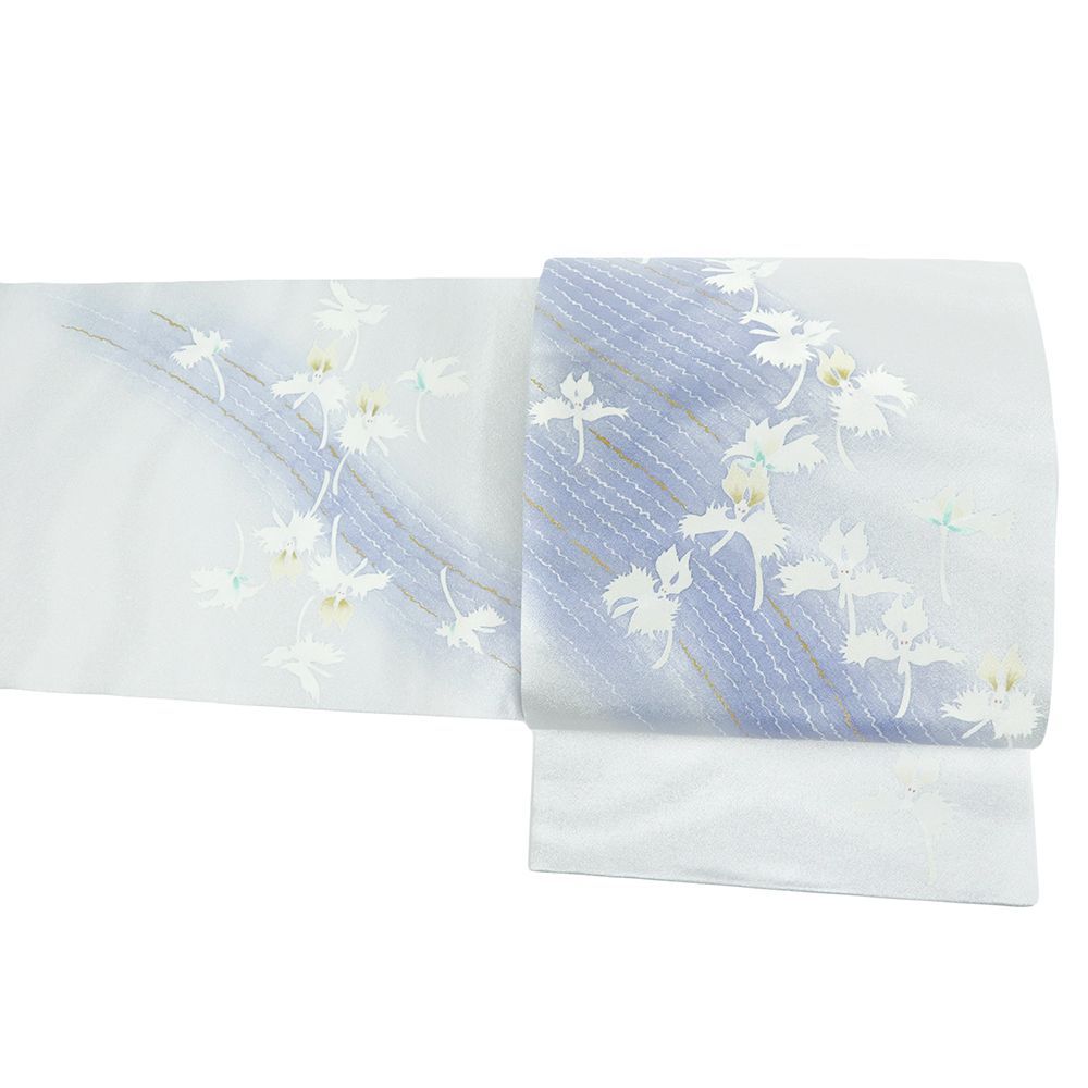 袋帯 長尺 洒落袋帯 ライトグレー 正絹 手描友禅 カジュアル 作家物 鷺草 流水 天の川 七夕 縮緬 綸子 仕立て上がり 三通 No.i 6-2337