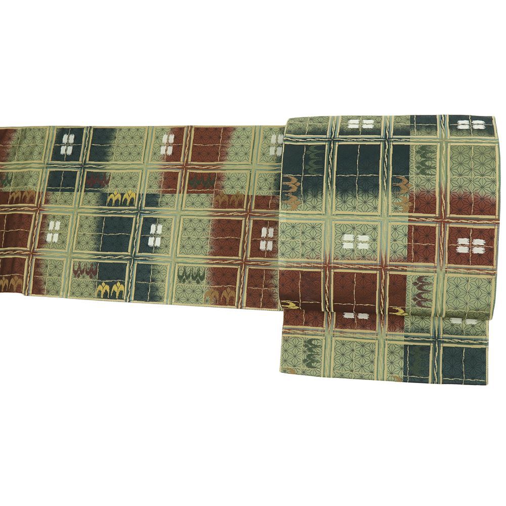 袋帯 正絹 全通 黄緑 市松 琉球 麻の葉 燕 リサイクル 洒落袋帯 カジュアル 西陣織 着物 仕立て上がり No i 6 2363