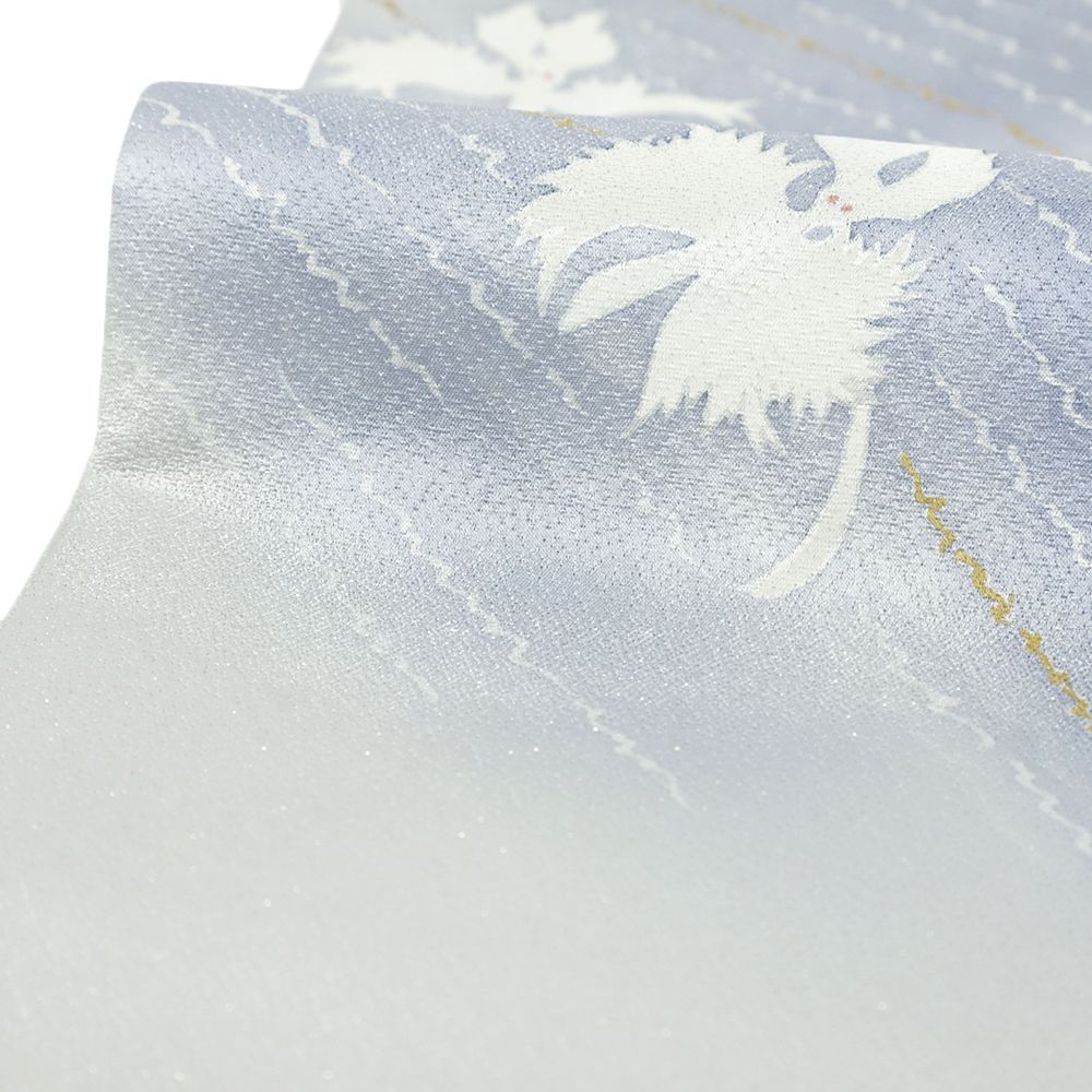  袋帯 長尺 洒落袋帯 ライトグレー 正絹 手描友禅 カジュアル 作家物 鷺草 流水 天の川 七夕 縮緬 綸子 仕立て上がり 三通 No.i 6-2337 袋帯 帯