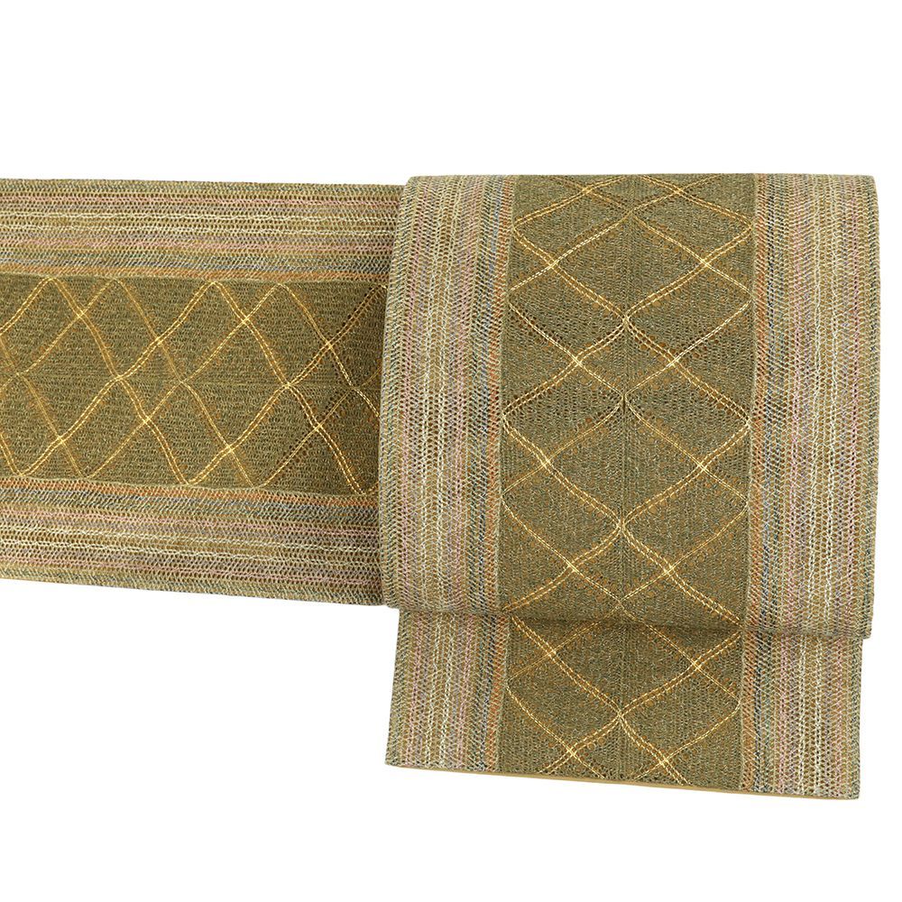 袋帯 正絹 組紐織 全通 緑 襷 チェック ストライプ 斜め格子 洒落袋帯 西陣織 金糸 仕立て上がり カジュアル 付下げ 小紋 No i 6 2364