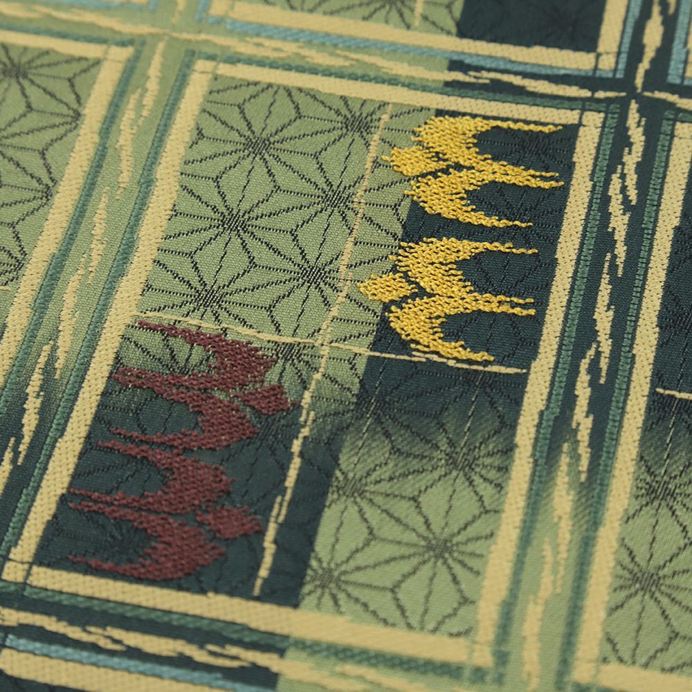  袋帯 正絹 全通 黄緑 市松 琉球 麻の葉 燕 リサイクル 洒落袋帯 カジュアル 西陣織 着物 仕立て上がり No.i 6-2363 袋帯 帯