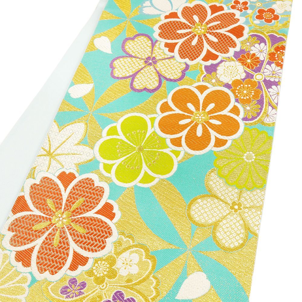  袋帯 振袖用 ターコイズブルー 水色 桜 菊 金 正絹 帯 芯なし リサイクル 唐織 仕立て上がり 礼装用 フォーマル 成人式 No.i 6-2359 袋帯 帯