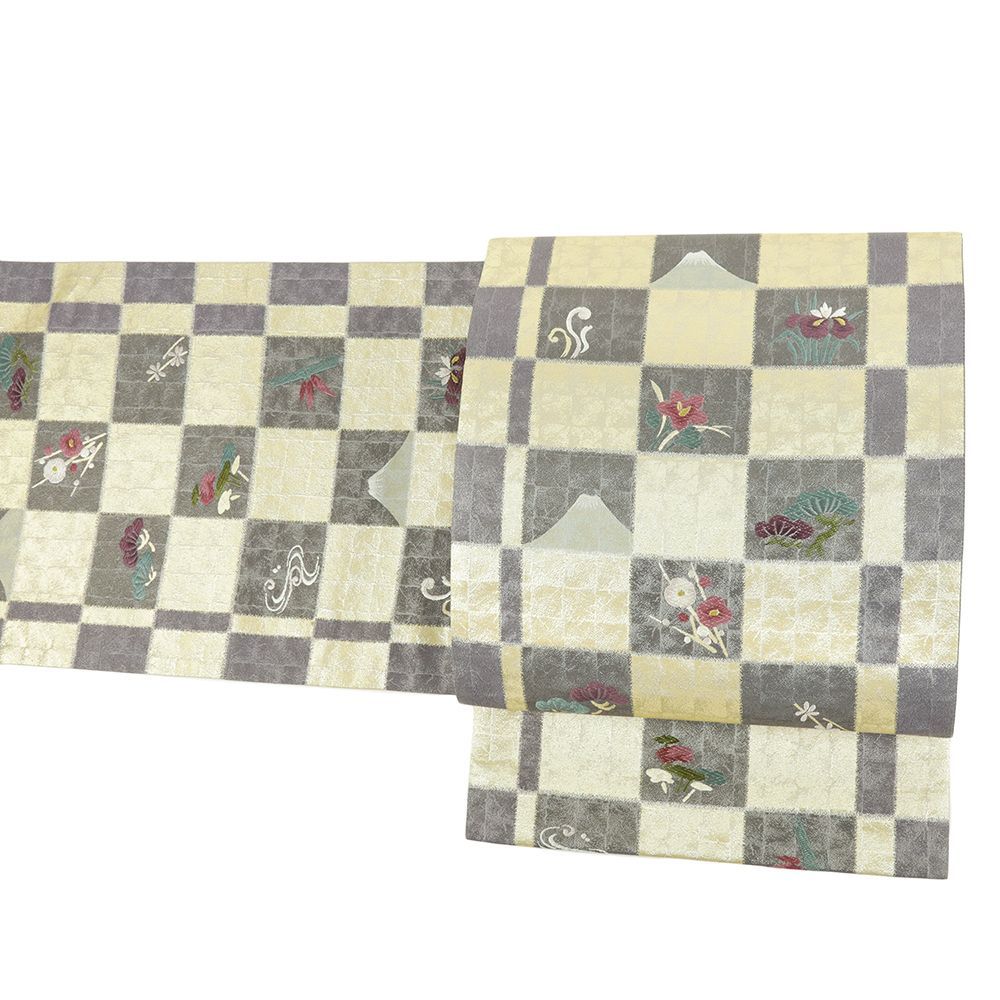 袋帯 金 灰色 市松 富士山 松竹梅 桔梗 杜若 唐織 正絹 仕立て上がり リサイクル 帯 礼装用 セミフォーマル 六通 No.i 6-2380