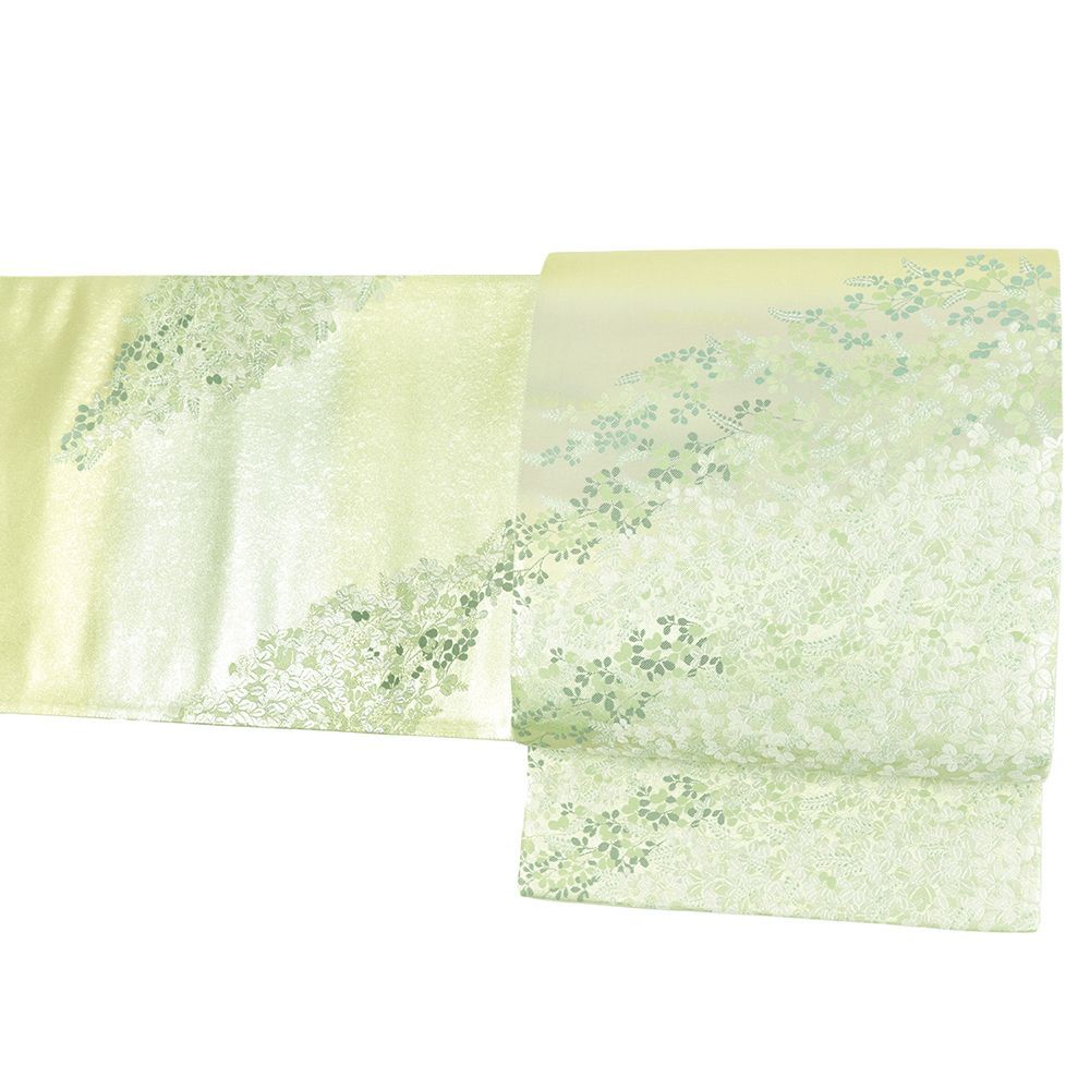 袋帯 西陣 とみや 黄緑 萩 正絹 引箔 仕立て上がり リサイクル 帯 礼装用 セミフォーマル 西陣織 六通 No i 6 2381