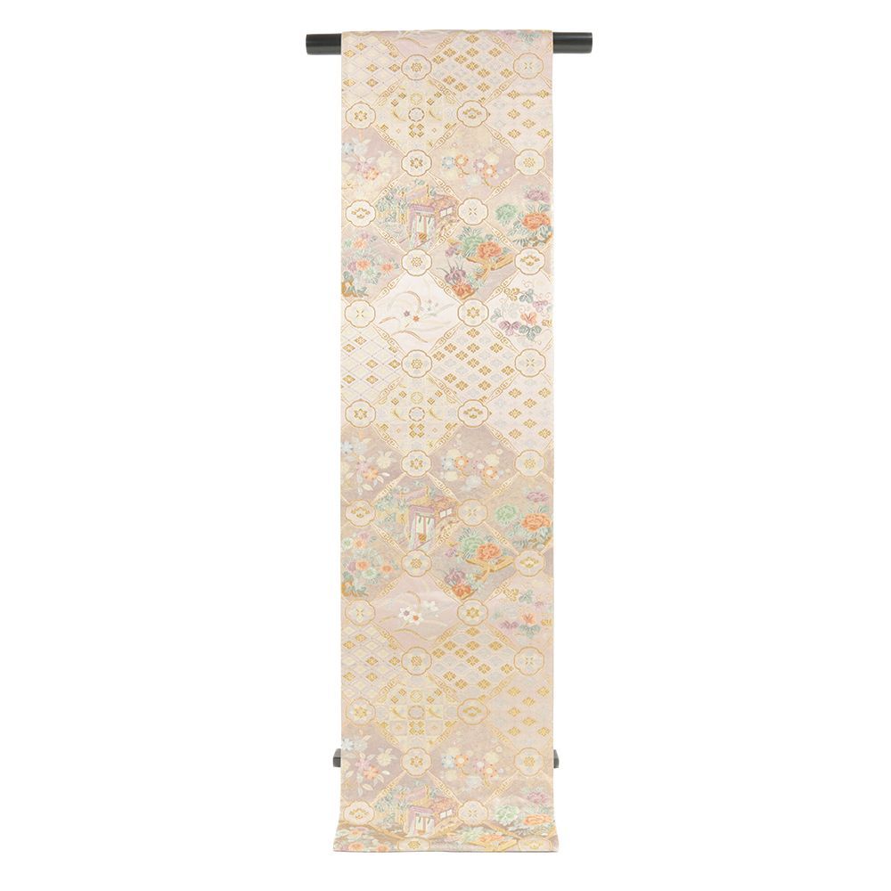  袋帯 正絹 紫 ピンク 桜 杜若 桔梗 牡丹 菊 御所車 花菱 唐草 リサイクル 帯 礼装用 唐織 フォーマル 仕立て上がり 西陣織 No.i 6-2374 袋帯 帯