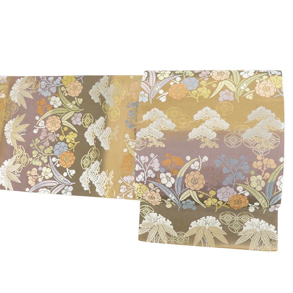 袋帯 正絹 礼装用 上の唐織 茶 紫 黄土色 松竹梅 横段 セミフォーマル 結婚式 仕立て上がり 西陣織 六通 No i 6 2376