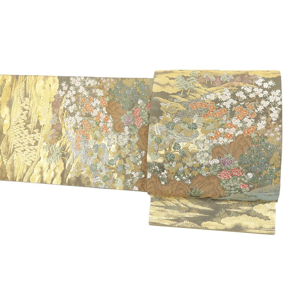 袋帯 正絹 金 桜 牡丹 松 雲 川 仕立て上がり リサイクル 唐織 帯 礼装用 セミフォーマル 西陣織 六通 No i 6 2373