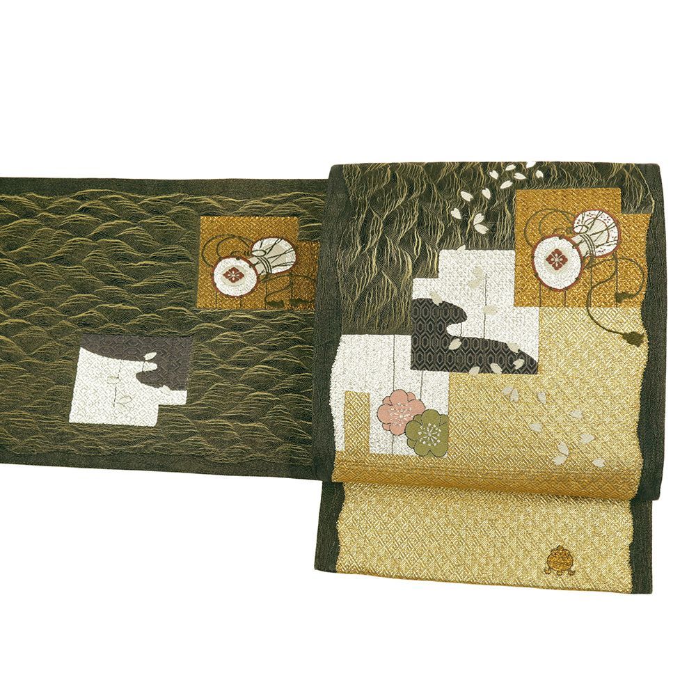 袋帯 正絹 黒 太鼓柄 桜 礼装用 セミフォーマル 西陣織 唐織 引箔 すくい織 仕立て上がり 三通 結婚式 No i 6 2369