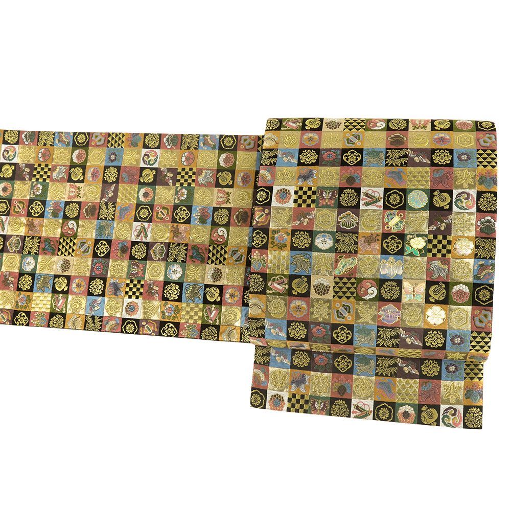 袋帯 黒 金 正絹 螺鈿 市松 宝尽くし 桐 菊 仕立て上がり リサイクル 帯 礼装用 西陣織 六通 唐織 セミフォーマル No i 6 2371