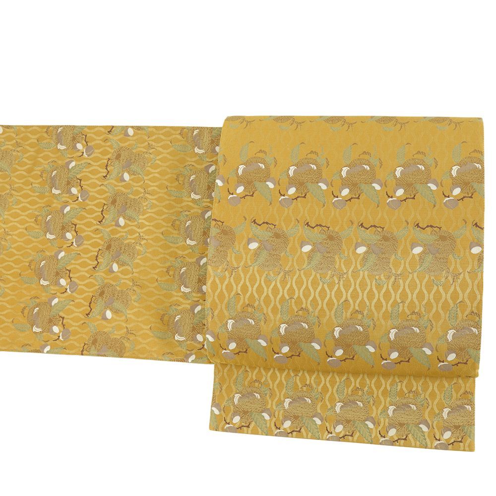 袋帯 栗 秋の味覚 マスタード 立涌 紹巴織 正絹 リサイクル 帯 礼装用 セミフォーマル 仕立て上がり 西陣織 六通 No.i 6-2378