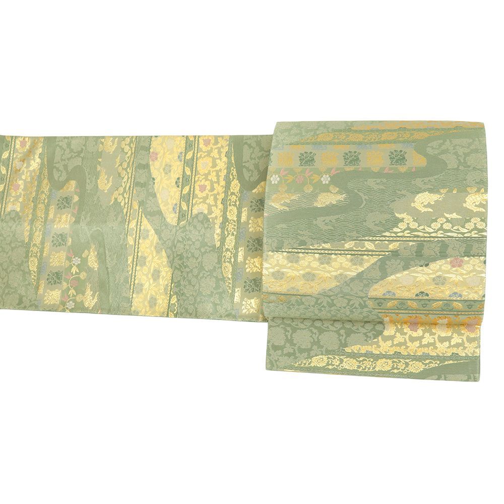 袋帯 正絹 緑 うさぎ 鯉 花唐草 名物裂 波 唐織 仕立て上がり リサイクル 帯 礼装用 セミフォーマル 西陣織 六通 No.i 6-2367