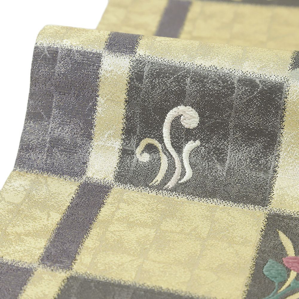  袋帯 金 灰色 市松 富士山 松竹梅 桔梗 杜若 唐織 正絹 仕立て上がり リサイクル 帯 礼装用 セミフォーマル 六通 No.i 6-2380 袋帯 帯