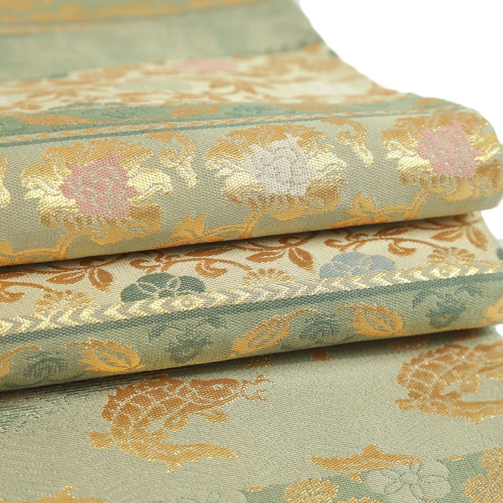  袋帯 正絹 緑 うさぎ 鯉 花唐草 名物裂 波 唐織 仕立て上がり リサイクル 帯 礼装用 セミフォーマル 西陣織 六通 No.i 6-2367 袋帯 帯