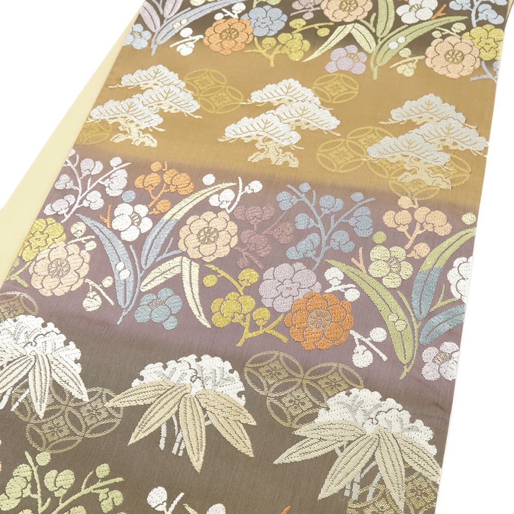  袋帯 正絹 礼装用 上の唐織 茶 紫 黄土色 松竹梅 横段 セミフォーマル 結婚式 仕立て上がり 西陣織 六通 No.i 6-2376 袋帯 帯