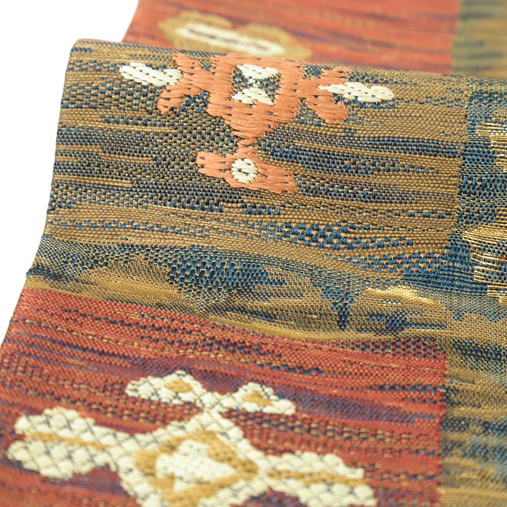  袋帯 正絹 コプト エジプト 市松 茶 紬 洒落帯 仕立て上がり カジュアル 着物 唐織 六通 No.i 6-2372 袋帯 帯