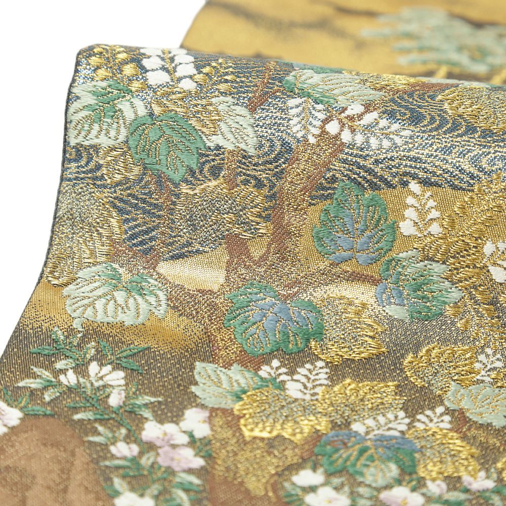  袋帯 正絹 金 桜 牡丹 松 雲 川 仕立て上がり リサイクル 唐織 帯 礼装用 セミフォーマル 西陣織 六通 No.i 6-2373 袋帯 帯