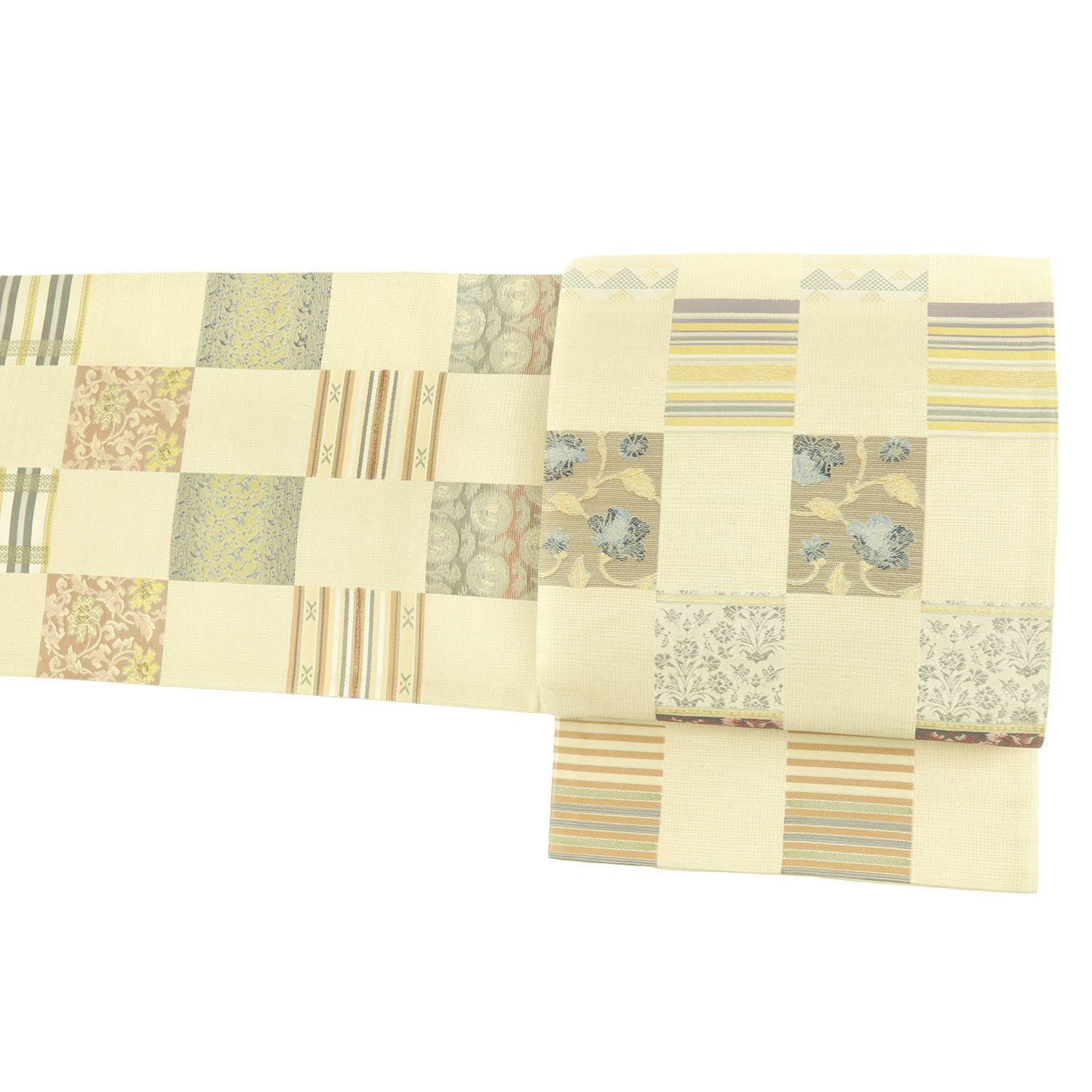 袋帯 正絹 西陣河瀬満織物 ベージュ 市松 リサイクル 洒落袋帯 全通 カジュアル 長め 着物 仕立て上がり 西陣織 No.i 6-2383