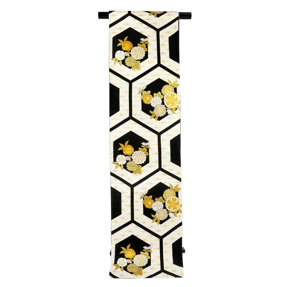 袋帯 振袖用 黒 白 モノトーン 亀甲 麻の葉 桜 菊 正絹 帯 リサイクル 仕立て上がり 礼装用 フォーマル 成人式 西陣織 No.i 6-2384