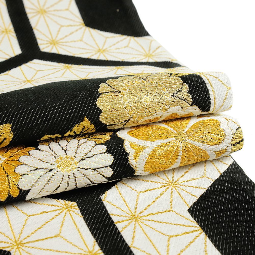  袋帯 振袖用 黒 白 モノトーン 亀甲 麻の葉 桜 菊 正絹 帯 リサイクル 仕立て上がり 礼装用 フォーマル 成人式 西陣織 No.i 6-2384 袋帯 帯