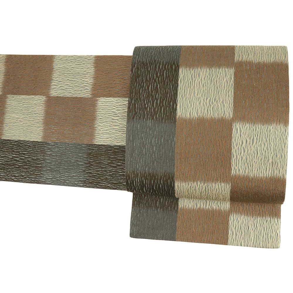 袋帯 正絹 茶 三幸織物 市松 カジュアル すくい織 西陣織 洒落帯 仕立て上がり 六通 No.i 6-2389