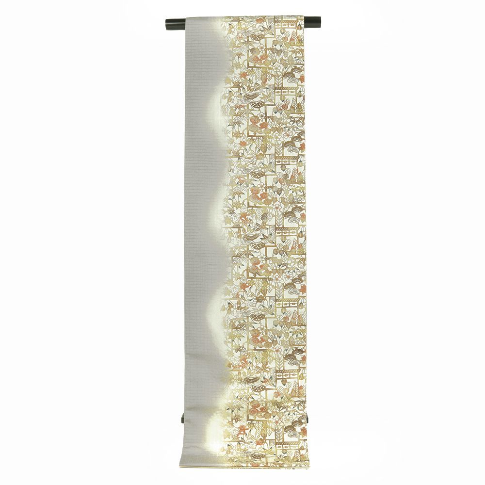  袋帯 正絹 全通 紅型染 紬 ベージュ 松竹梅 紅葉 リサイクル 洒落帯 カジュアル 着物 仕立て上がり No i 6 2390 袋帯 帯