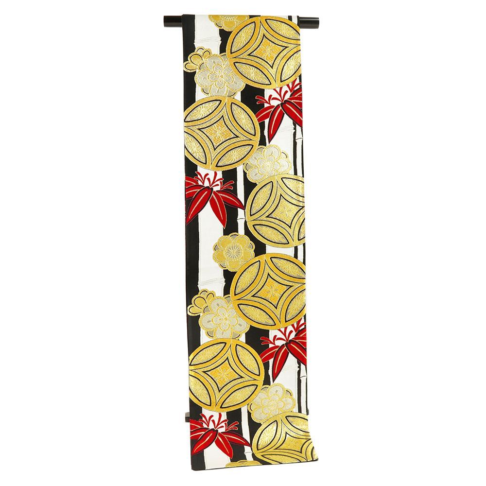 袋帯 振袖用 黒 七宝 竹 梅 花菱 正絹 帯 リサイクル 礼装用 フォーマル 成人式 西陣織 着物 仕立て上がり 六通 No.i 6-2387