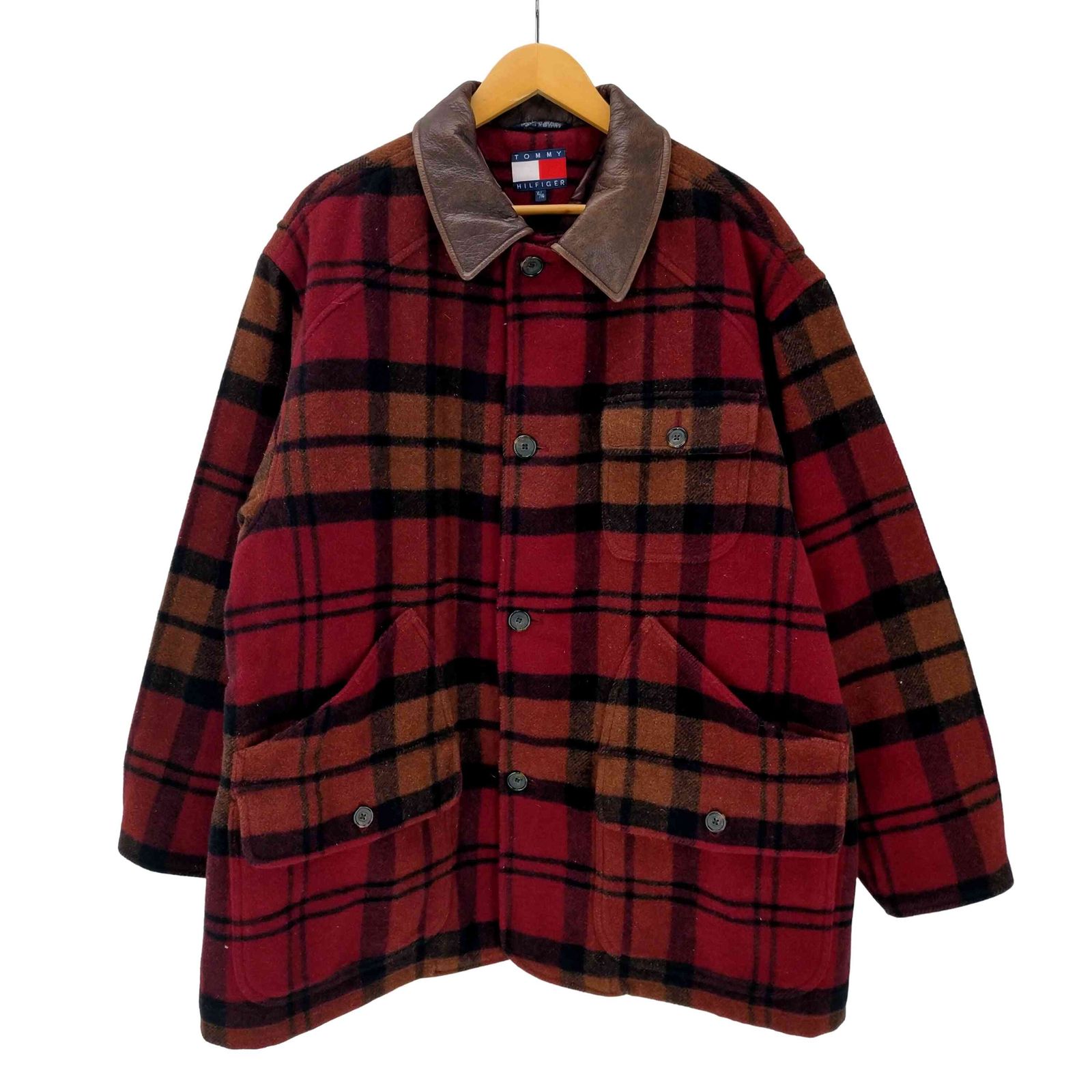 トミーヒルフィガー TOMMY HILFIGER 90S 襟レザー ウール ナイロン ハンティング チェック ジャケット 裏地キルティング メンズ import XL