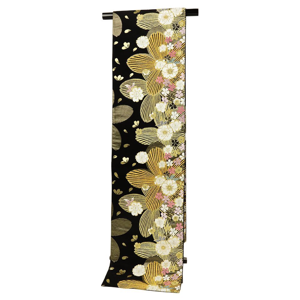 袋帯 振袖用 黒 桜 正絹 帯 礼装用 リサイクル フォーマル 成人式 唐織 西陣織 着物 仕立て上がり 六通 No.i 6-2393