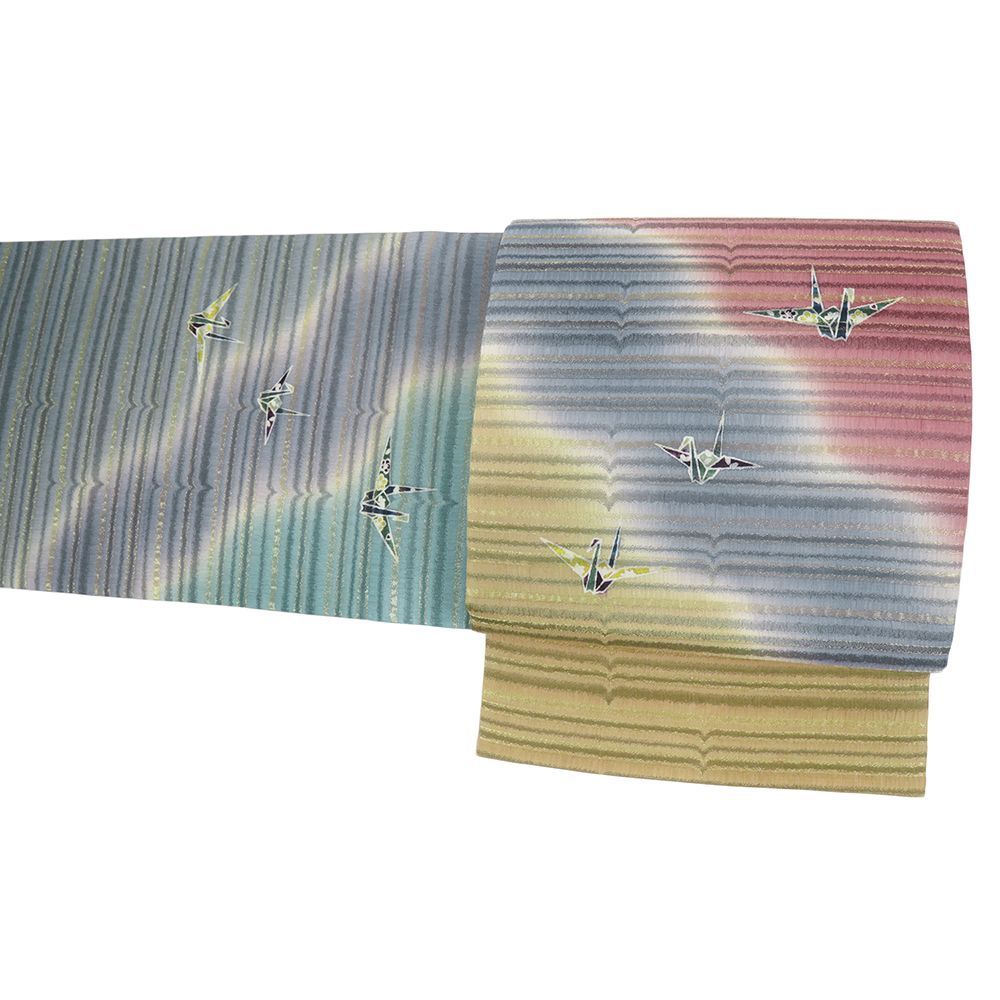 袋帯 正絹 長尺 想屋 両面双図 鶴 リサイクル 黄 青 緑 洒落袋帯 カジュアル 木版手ぼかし 草木染 着物 仕立て上がり 三通 No i 6 2395