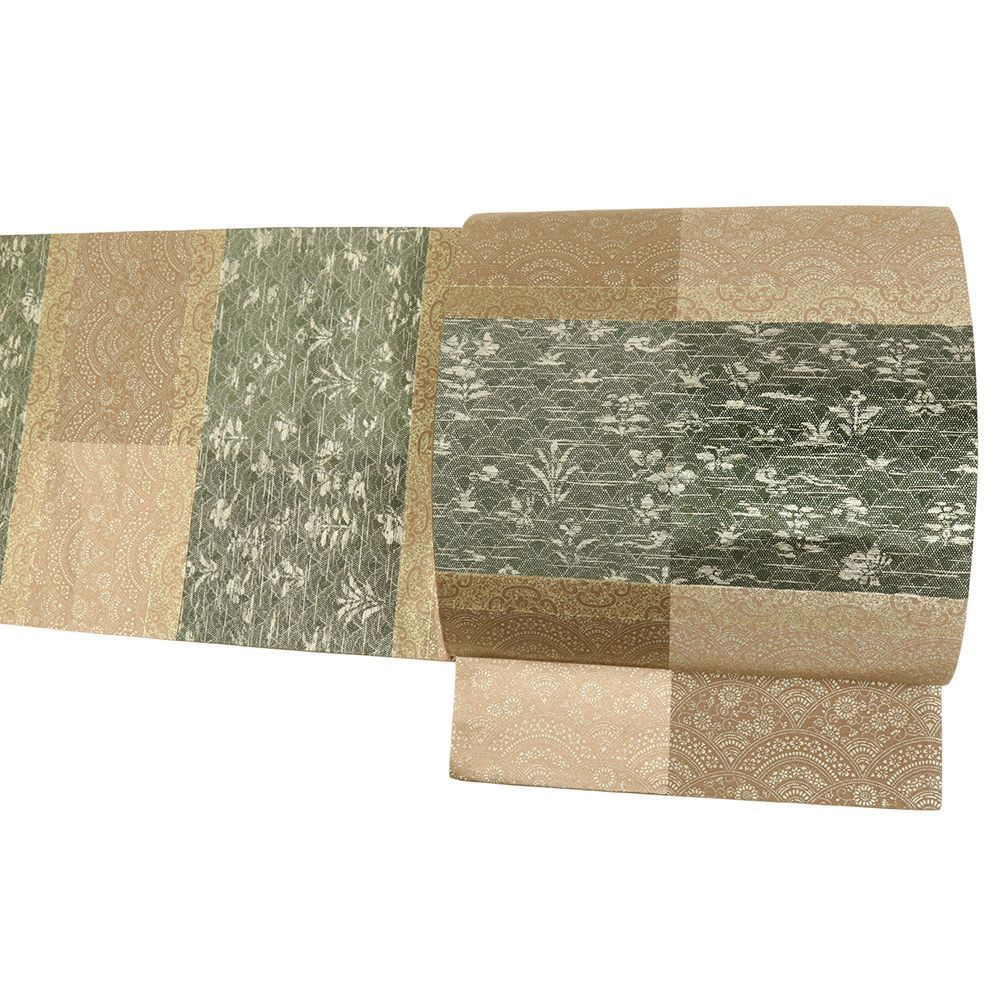 袋帯 正絹 茶 緑 市松 青海波 花唐草 華文 洒落袋帯 友禅染 カジュアル 着物 仕立て上がり 西陣織 六通 No.i 6-2394