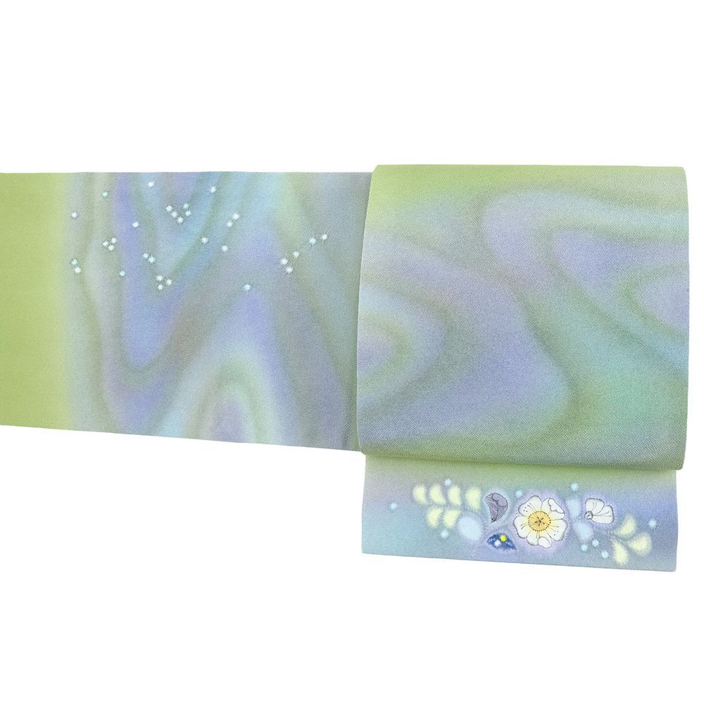 袋帯 辻が花 久保田一竹 二代目 黄緑 蝶 染め帯 正絹 リサイクル 洒落袋帯 縮緬 店主特選 カジュアル 仕立て上がり 三通 No.i 6-2391