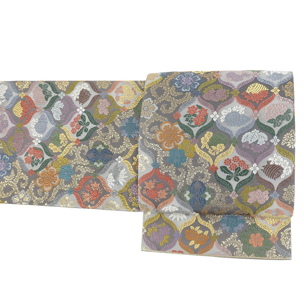 袋帯 正絹 グレー リサイクル 帯 礼装用 唐織 花唐草 立涌 松竹梅 菊 桔梗 紅葉 四季花 セミフォーマル 仕立て上がり 六通 No i 6 2399