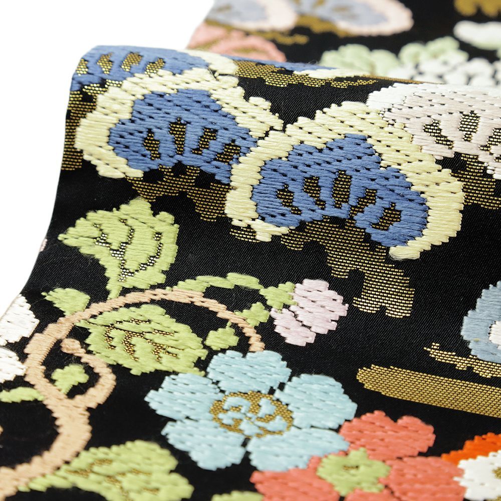  袋帯 全通 黒 唐織 松 桜 菊 エ霞 正絹 リサイクル 帯 礼装用 セミフォーマル 仕立て上がり 西陣織 No.i 6-2392 袋帯 帯