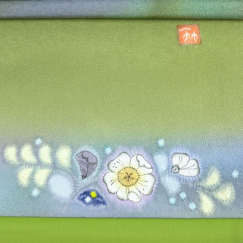  袋帯 辻が花 久保田一竹 二代目 黄緑 蝶 染め帯 正絹 リサイクル 洒落袋帯 縮緬 店主特選 カジュアル 仕立て上がり 三通 No i 6 2391 袋帯 帯