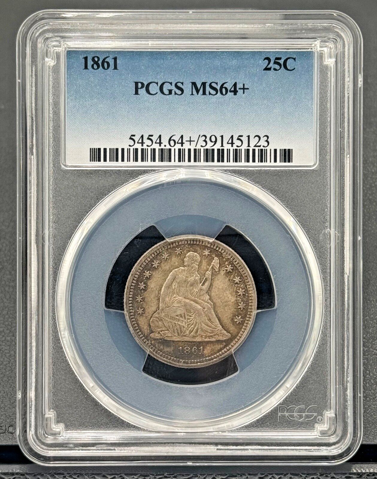 1861年 P 25セント 着席自由の女神像 25セント硬貨 PCGS MS-64+、南北