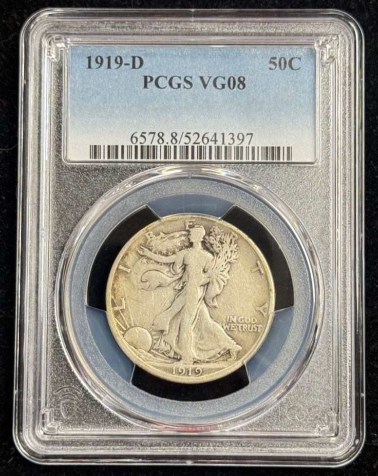 1919 D 50C ウォーキング・リバティ・ハーフダラー PCGS VG 08、低鋳造