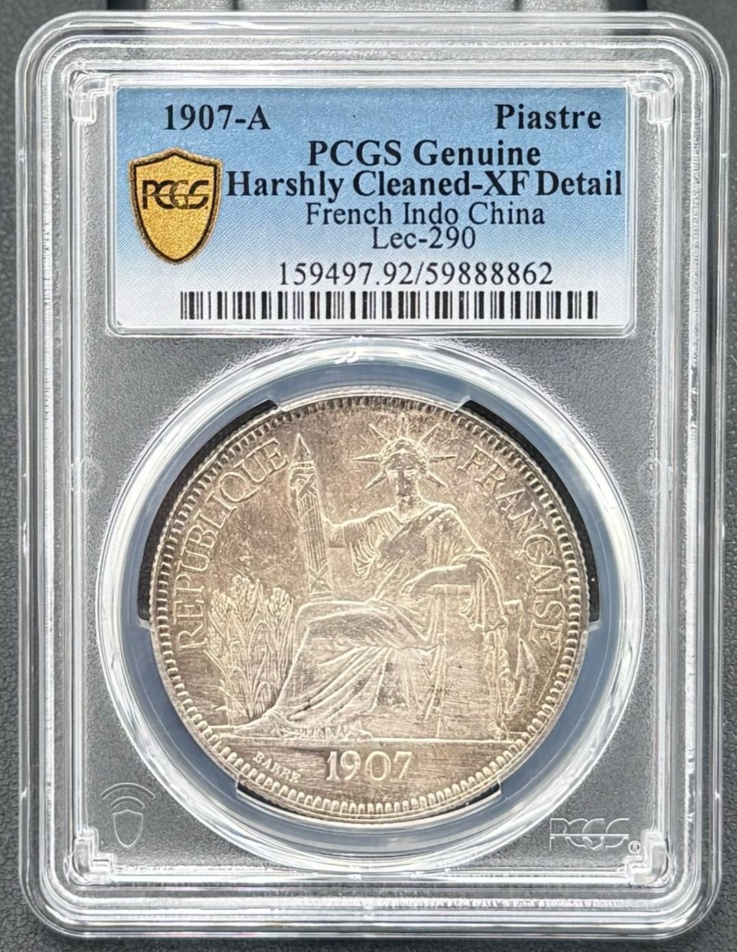 PCGS-MS62 フランス領インドシナ 1937 女神座像 1年タイプ　銀貨 1907年 フランス領インドシナ 銀貨 1ピアストル 27グラム PCGS