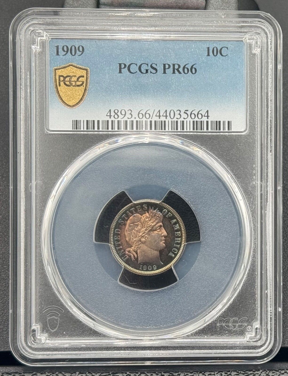 1909年 Pプルーフ バーバー シルバーダイム PCGS PR 66 美しいブルーレインボートーン