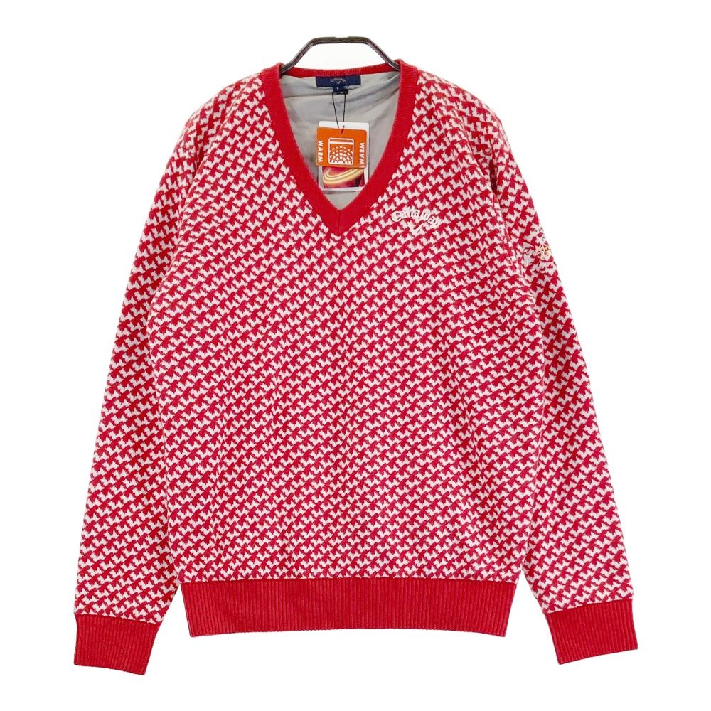 サイズ L CALLAWAY キャロウェイ 裏地付 Vネック ニットセーター 総柄 レッド系 240101440236 ゴルフウェア メンズ ストスト