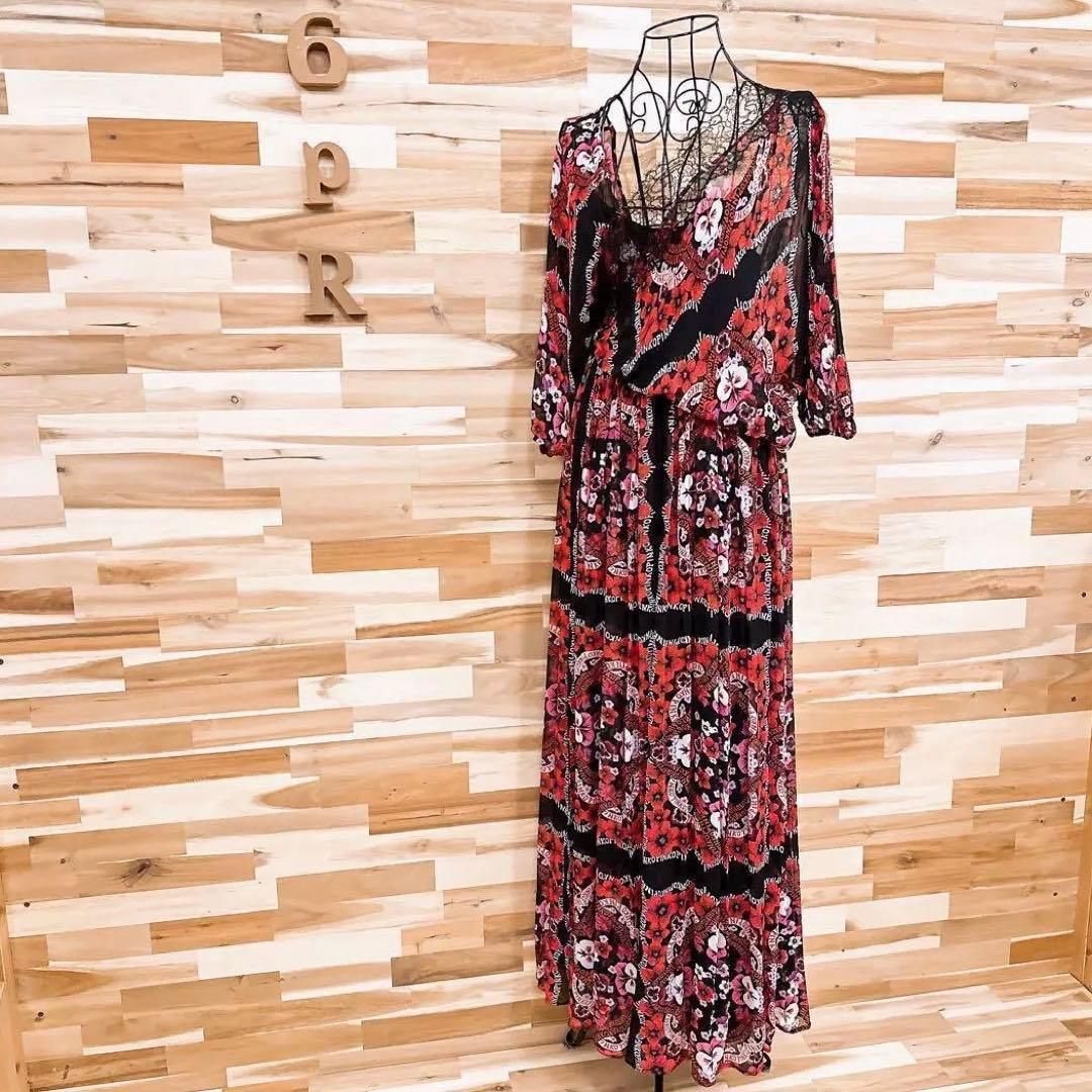 ピンコ ドレープ レース シフォン ドッキング 花柄ロング ワンピース 黒×赤